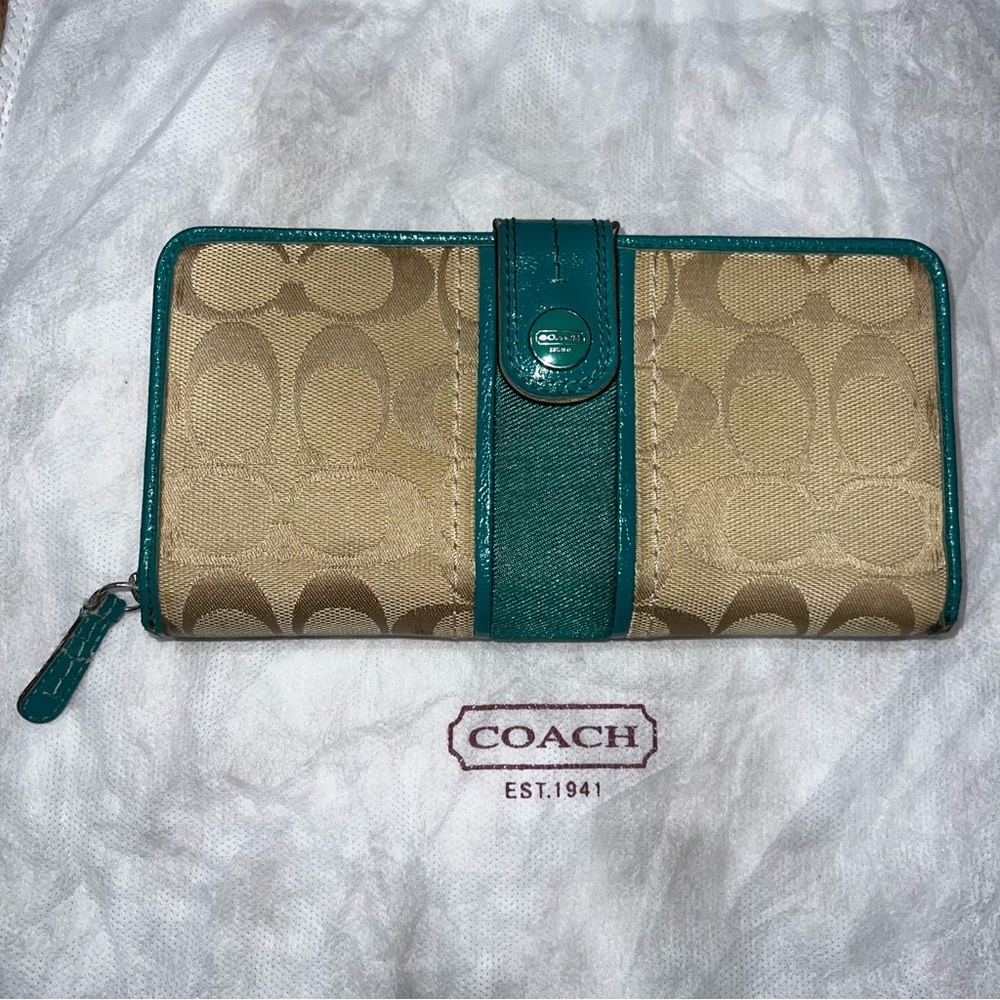 Coach Tan and Teal Zip Wallet